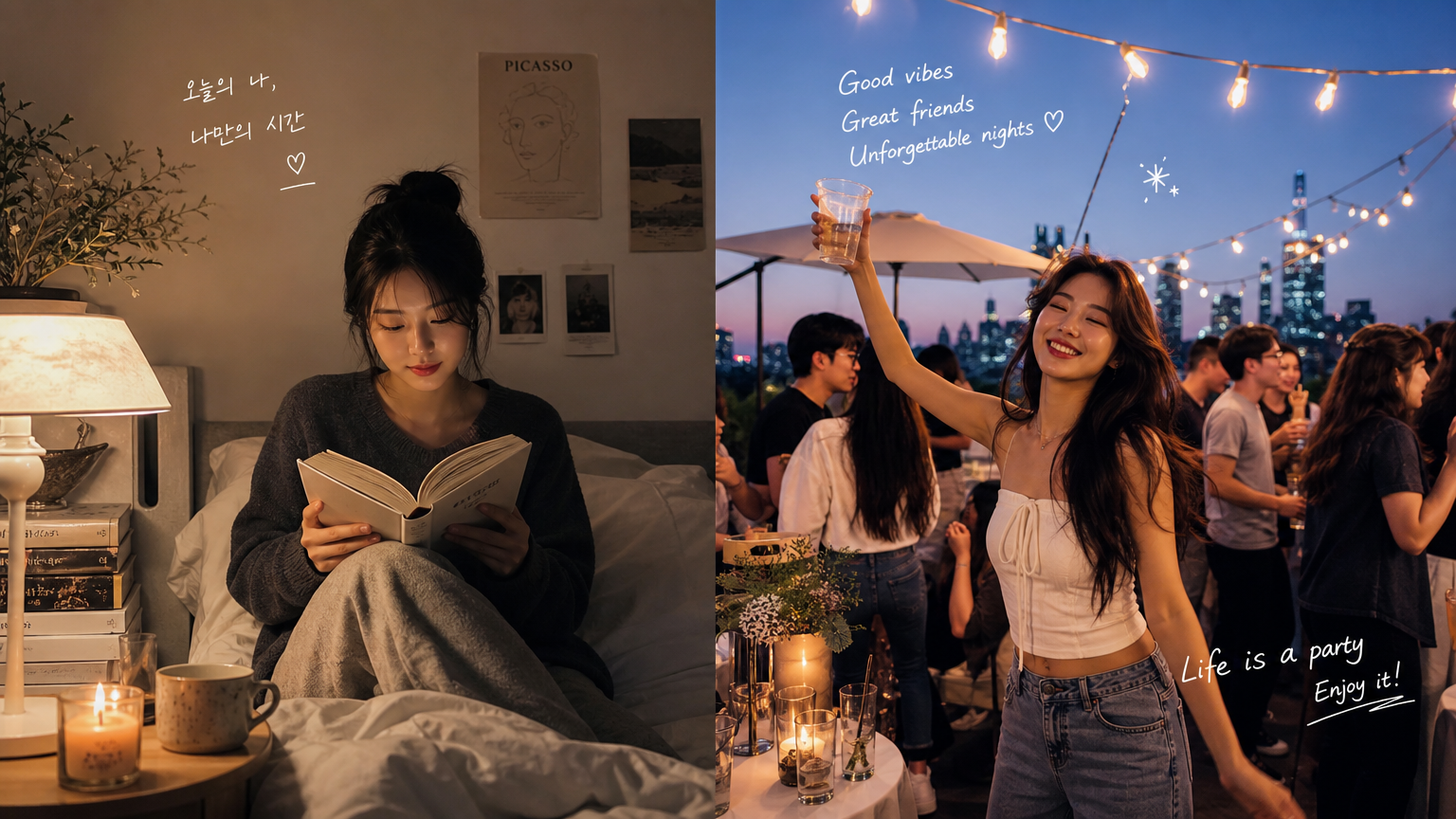 집에서 혼자 독서하는 사람과 야외 파티를 즐기는 사람의 대비