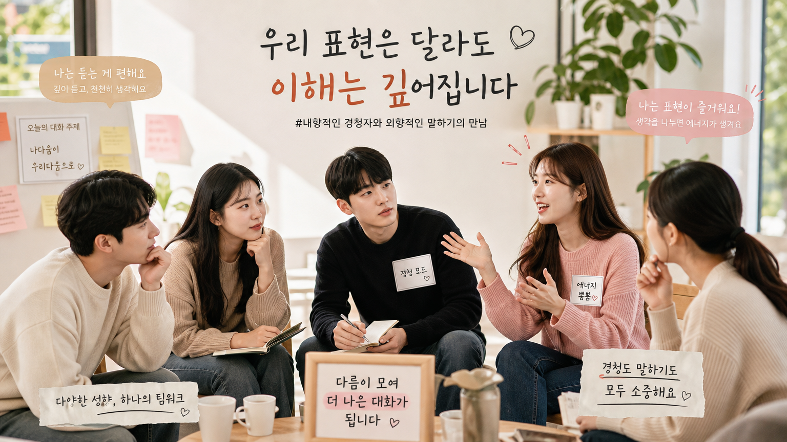 조용히 듣는 내향적 참여자와 활발히 말하는 외향적 참여자의 그룹 토론