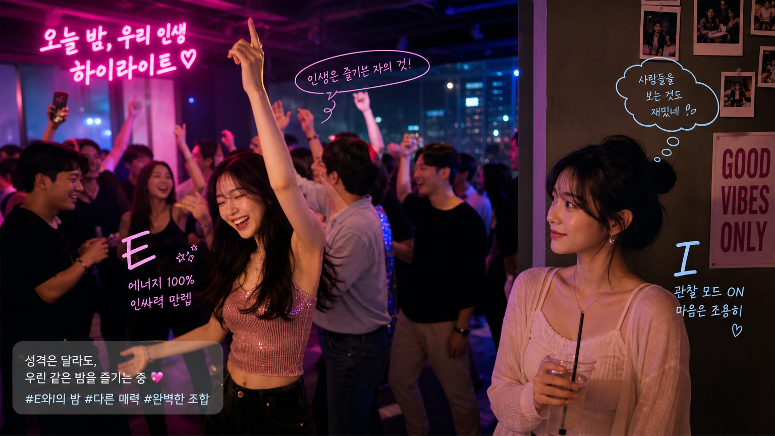 파티에서 춤추는 외향적 리더와 조용히 지켜보는 내향적 관찰자