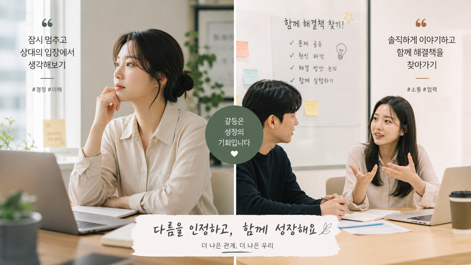 갈등 해결을 위해 혼자 고민하는 직원과 적극적으로 논의하는 직원