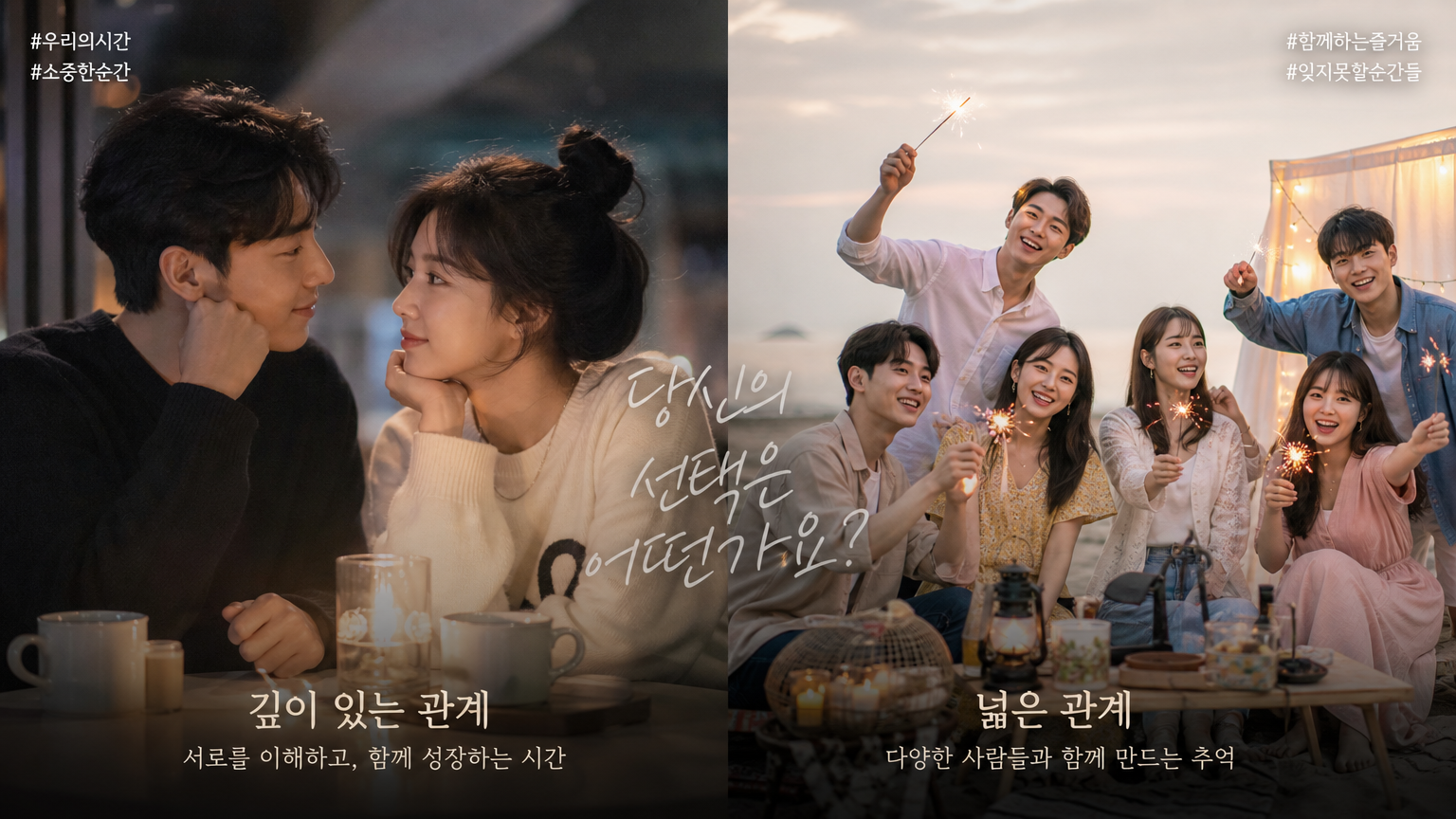친밀한 대화를 나누는 커플과 활발한 그룹 활동에 참여하는 또 다른 커플