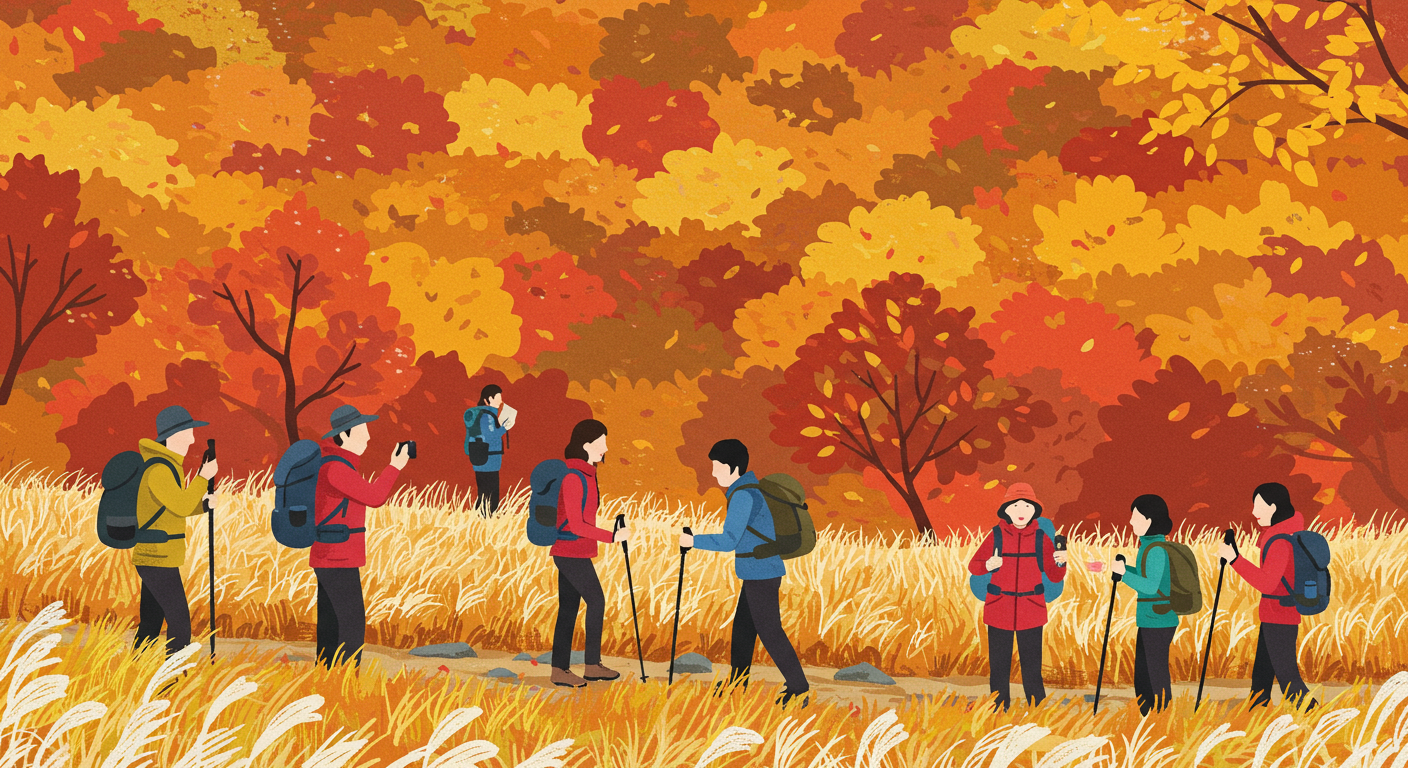 한국 등산객들이 포천 명성산에서 가을 단풍과 억새를 즐기며 하이킹하는 모습