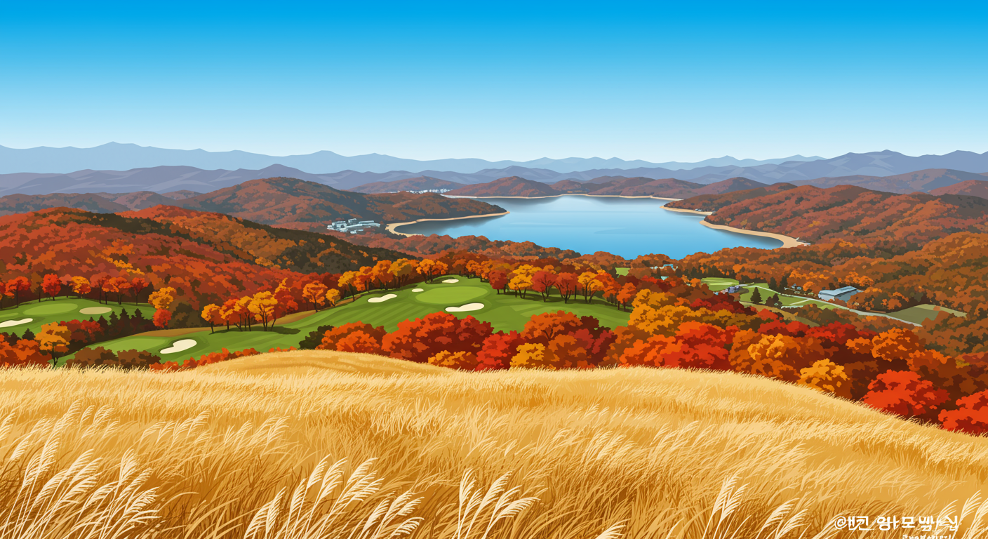 산정호수와 억새밭, 가을 단풍이 어우러진 차박위 코스 정상에서의 경치