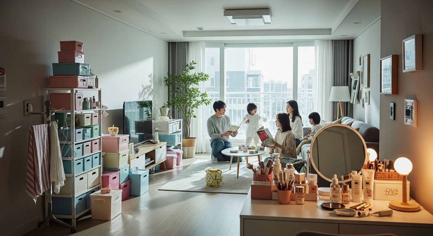 현대적 인테리어로 꾸며진 한국 가정에서 다양한 다이소 제품들을 사용하고 있는 모습