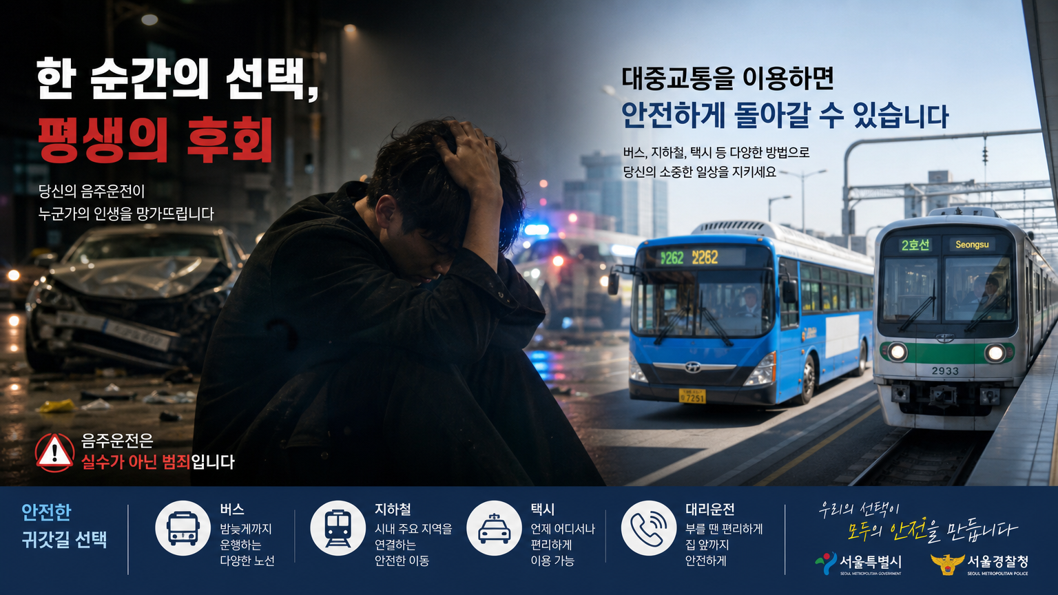 한국에서 대중교통 이용을 권장하는 음주운전 예방 캠페인 포스터