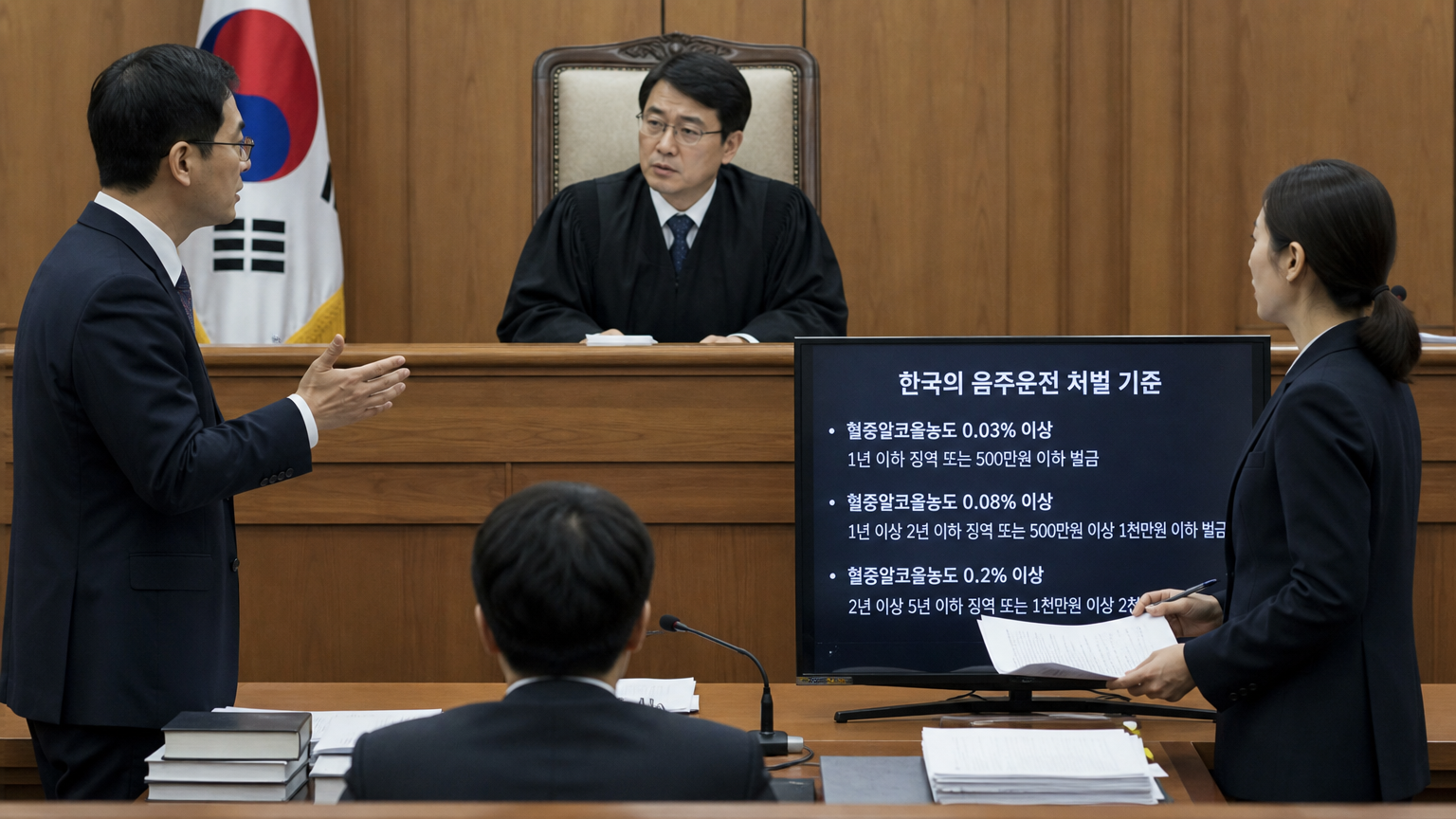 법정에서 판사와 변호사들이 한국의 엄격한 음주운전 처벌에 대해 논의하고 있는 모습