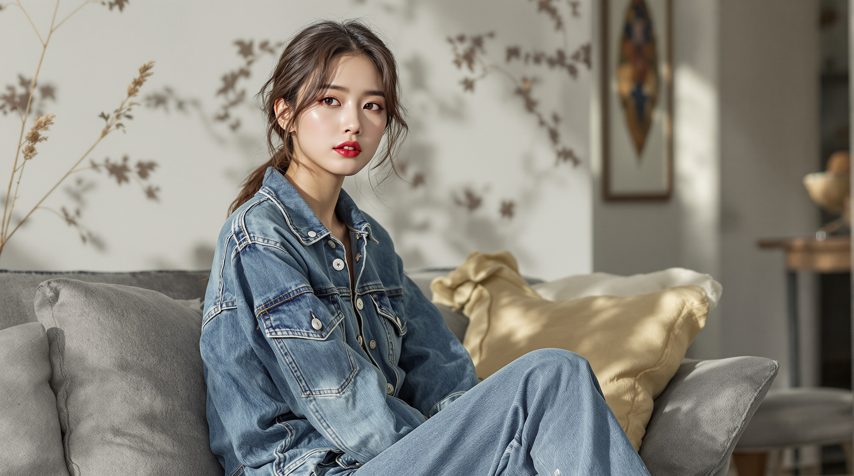 컨템포러리 데님 룩으로 우아함을 연출하는 화보 촬영 현장