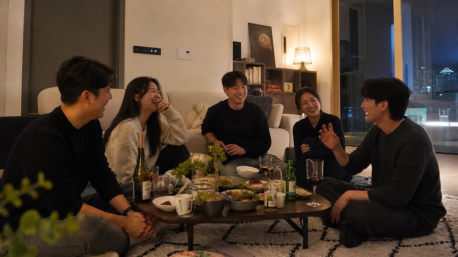 현대적인 한국 아파트 거실에서 열린 따뜻한 조명 속 하우스 파티