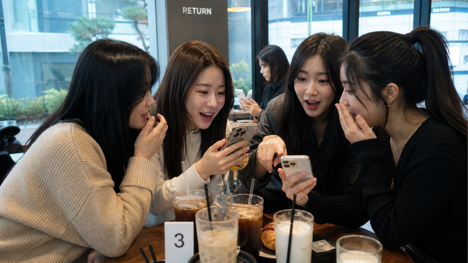 서울 카페에서 스마트폰으로 연예인 소식을 확인하며 이야기하는 팬들