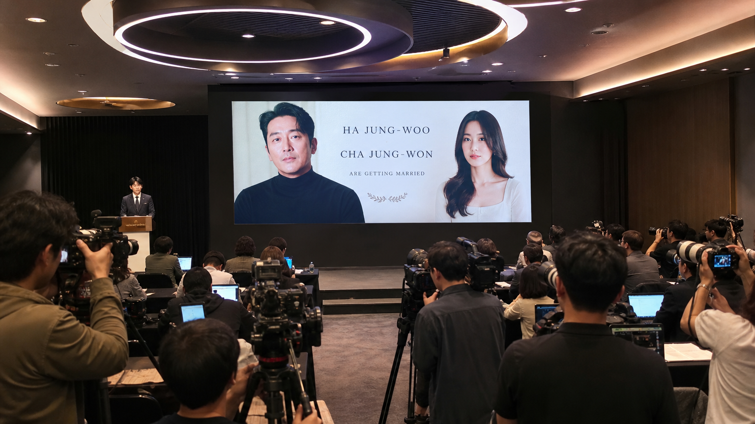 기자들이 참석한 가운데 대형 스크린에 공개된 하정우와 차정원의 결혼 발표 장면