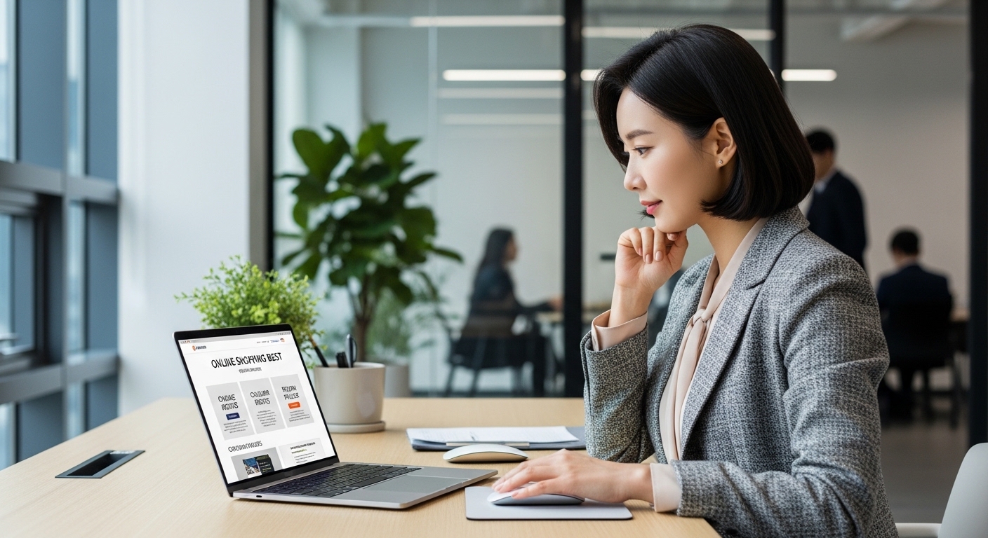 온라인 쇼핑 가이드를 노트북으로 검토하는 현대적 사무실에서 일하는 한국인 모습