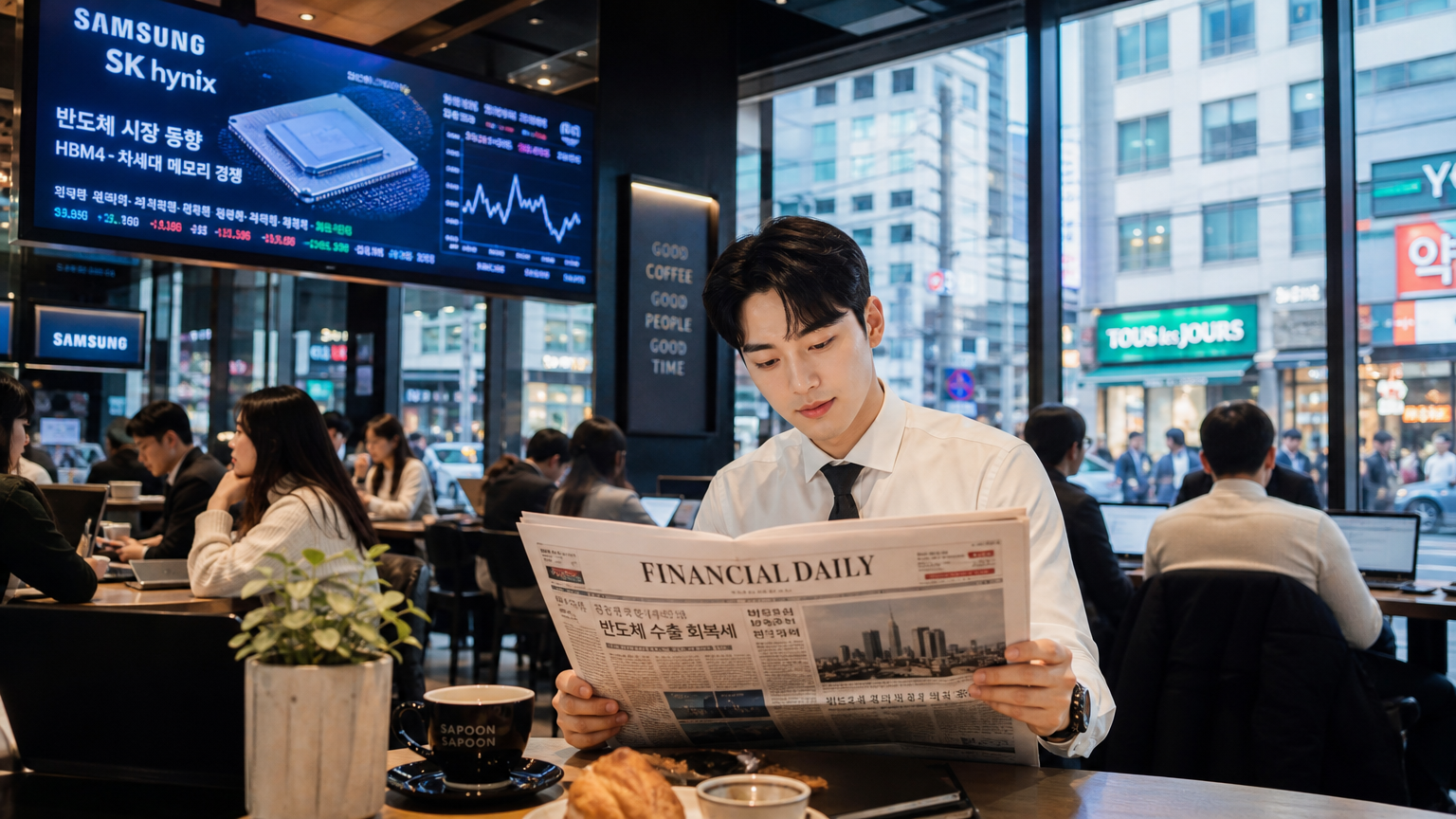 서울의 카페에서 신문을 읽고 있는 직장인의 모습과 주변 디지털 스크린에 나오는 반도체 관련 뉴스