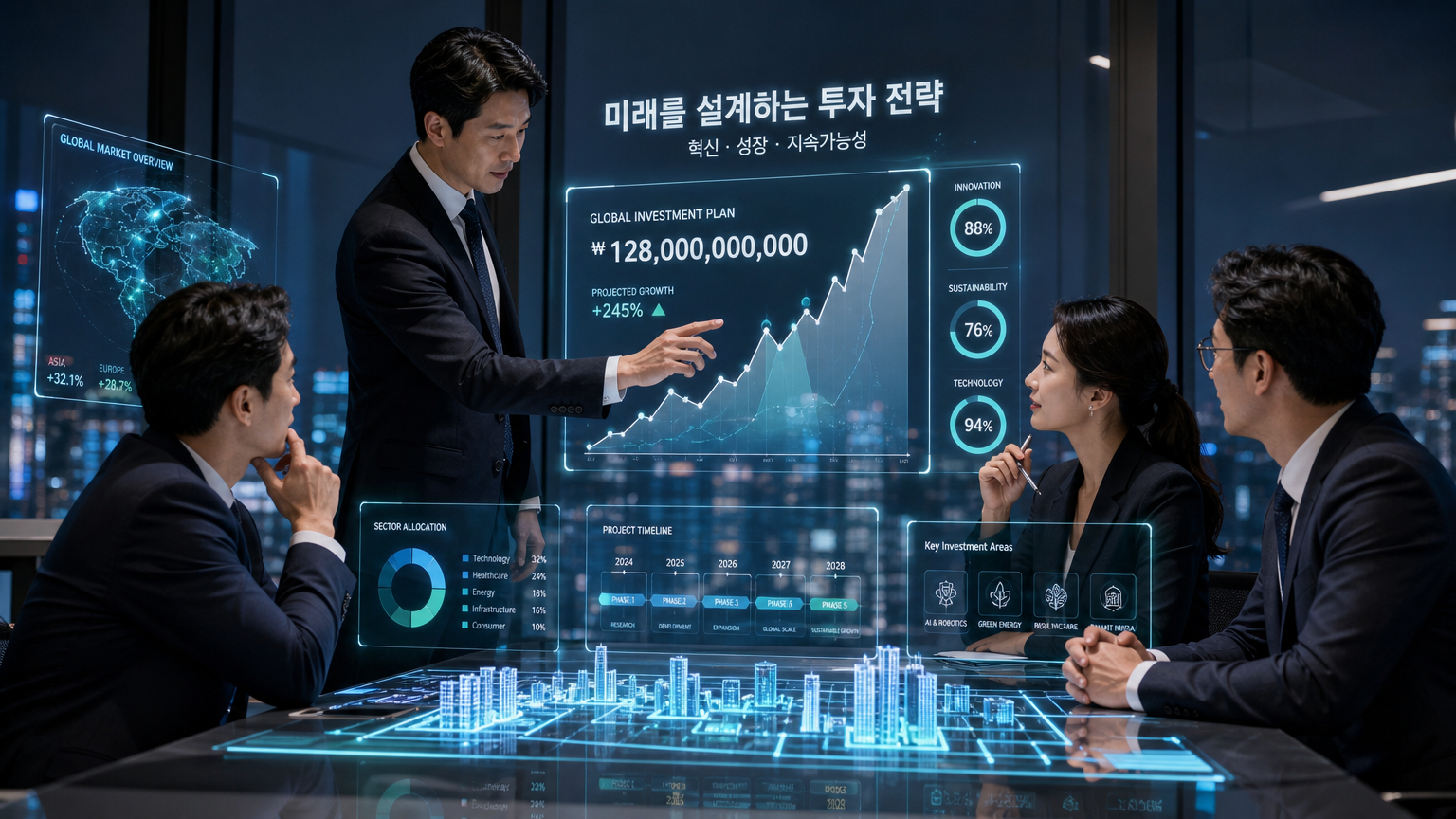 홀로그래픽 금융 차트를 통해 대규모 투자를 계획하는 한국 임원들의 혁신 중심 분위기