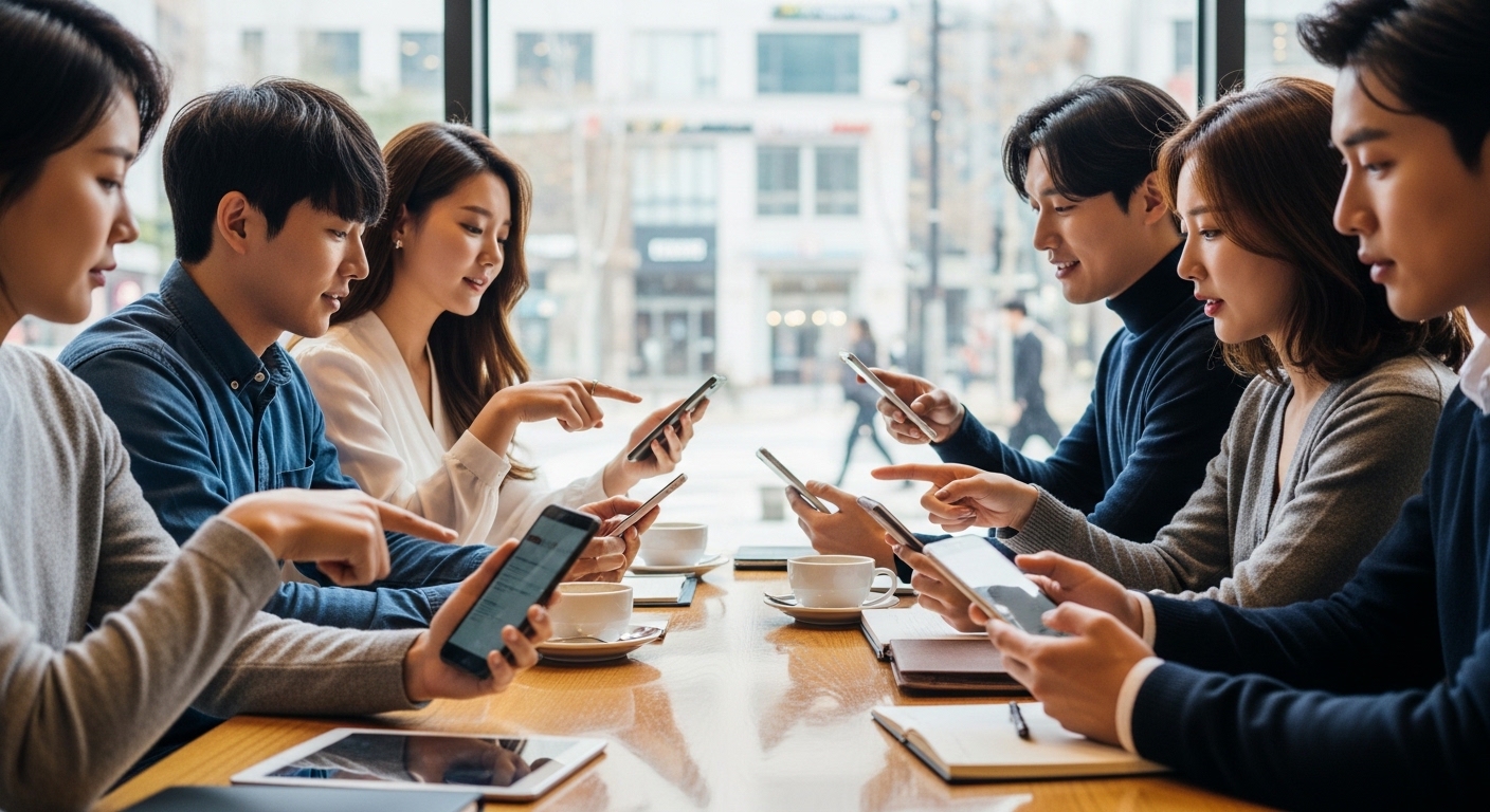 젊은 성인들이 카페에서 암보험을 비교하는 모습