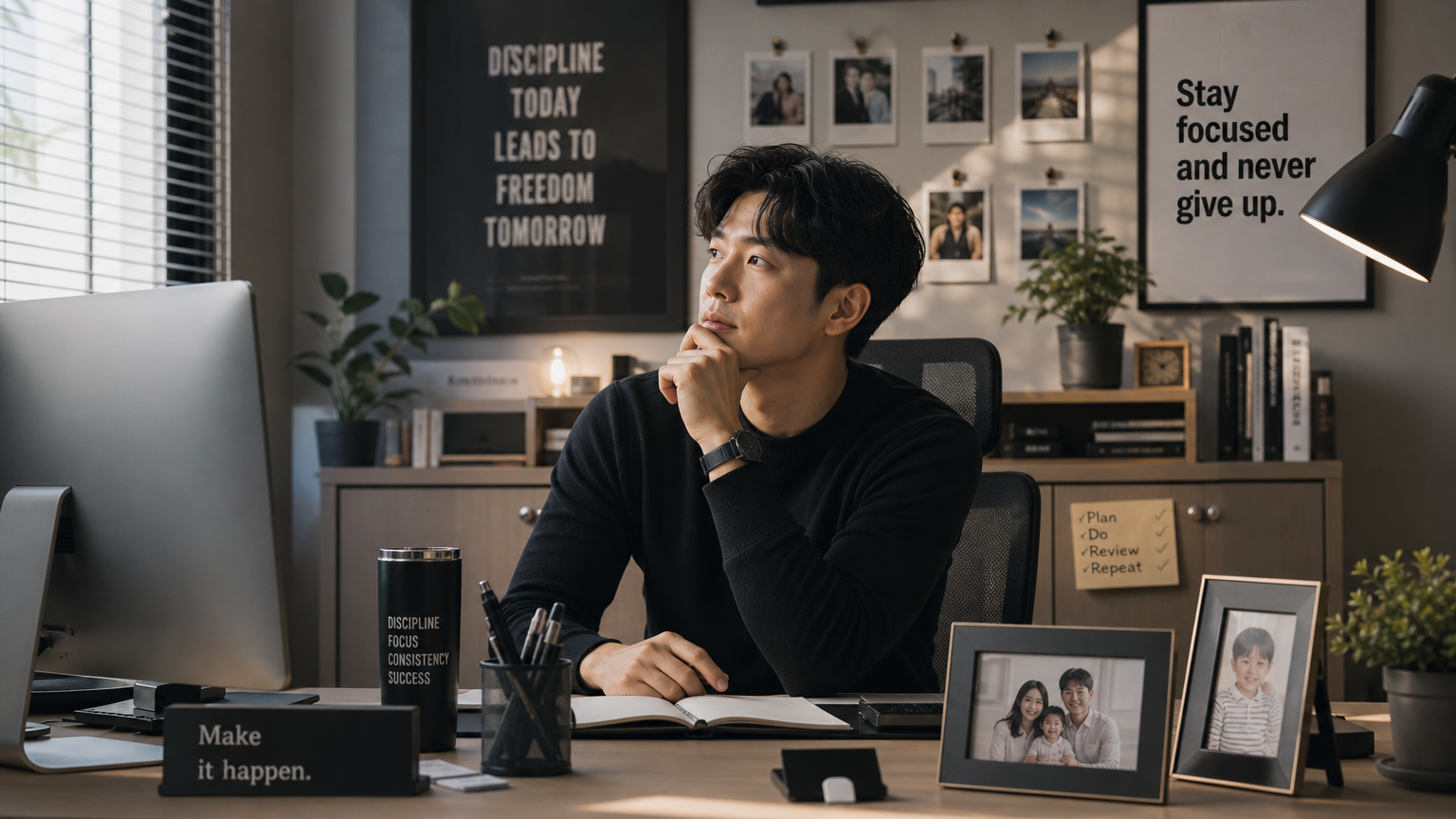 사무실 책상에서 가족사진과 명언을 바라보는 직장인의 모습