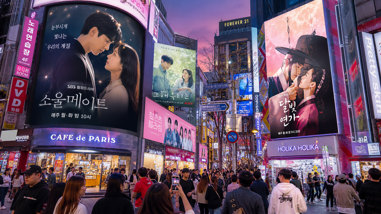 서울 번화가에 히트 드라마 광고판이 걸린 도시 풍경