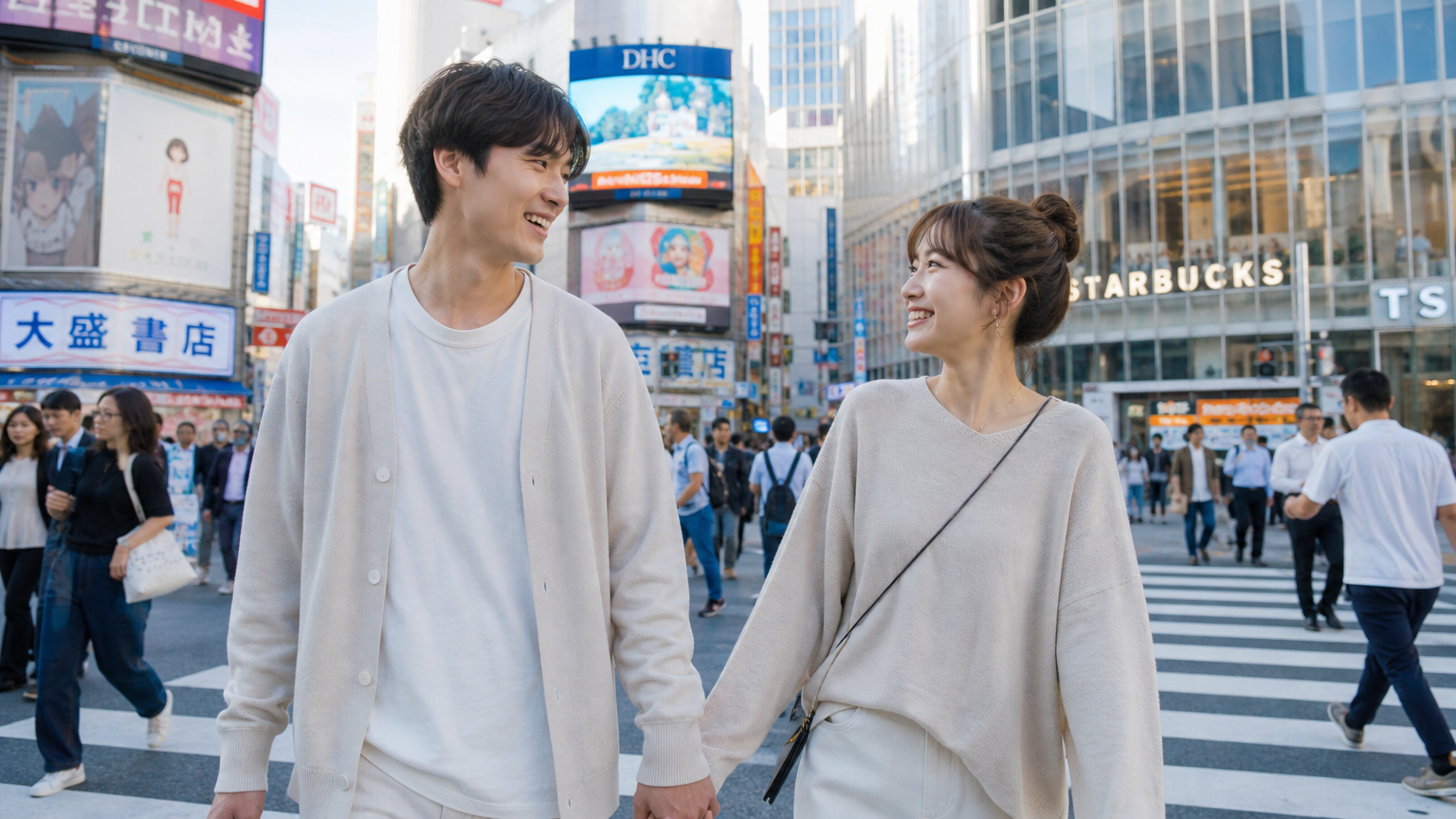 도쿄 거리에서 편안한 옷차림으로 손을 잡고 있는 한국 커플