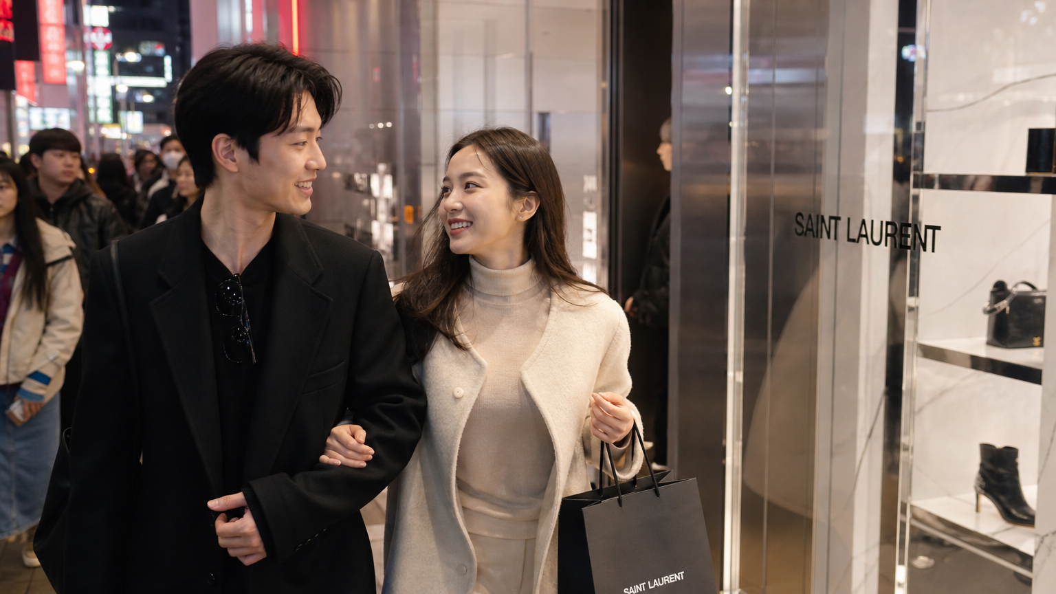 도쿄 시부야 백화점에서 쇼핑하는 한국 커플의 활기찬 모습