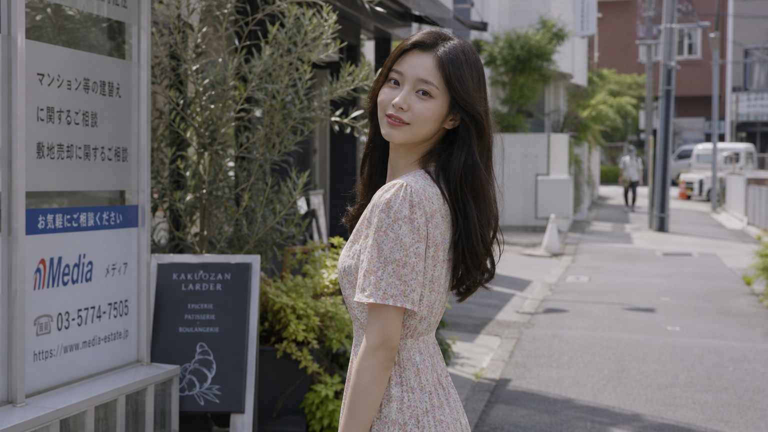 빈티지 드레스와 자연스러운 헤어스타일로 도쿄 거리에서 차분한 매력을 발산하는 여성