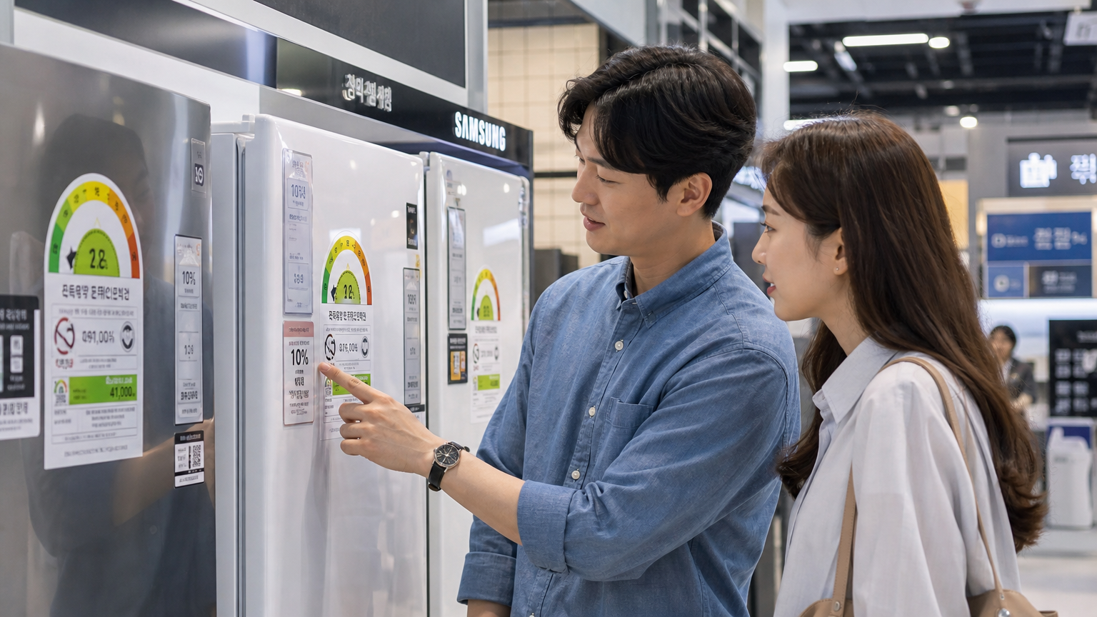 매장 안에서 젊은 커플이 가전제품의 에너지 효율 등급을 살피며 대화하는 장면