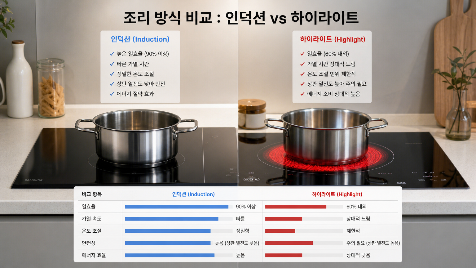 현대식 주방에서 인덕션과 하이라이트 조리 방식을 비교하는 이미지