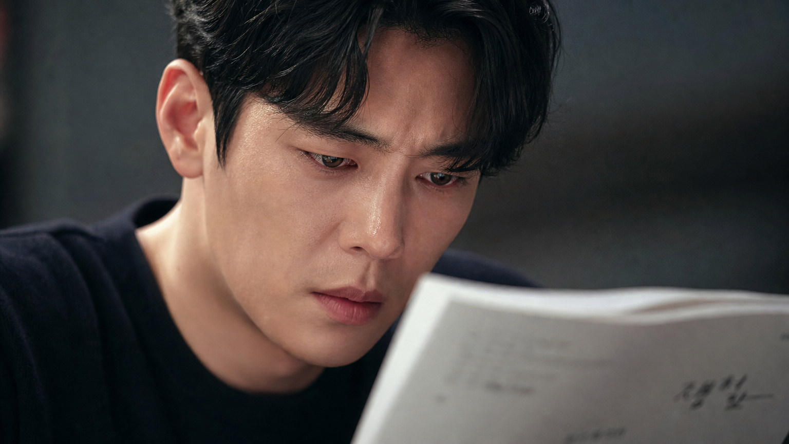 대본을 읽으며 감정을 느끼는 배우의 클로즈업