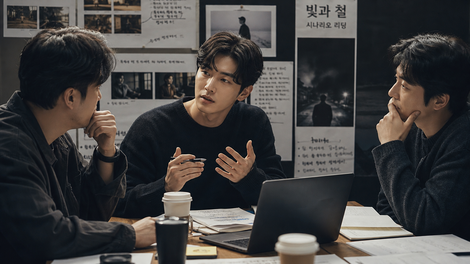 감독 및 작가진과 함께 창작 회의를 하는 열정적인 모습