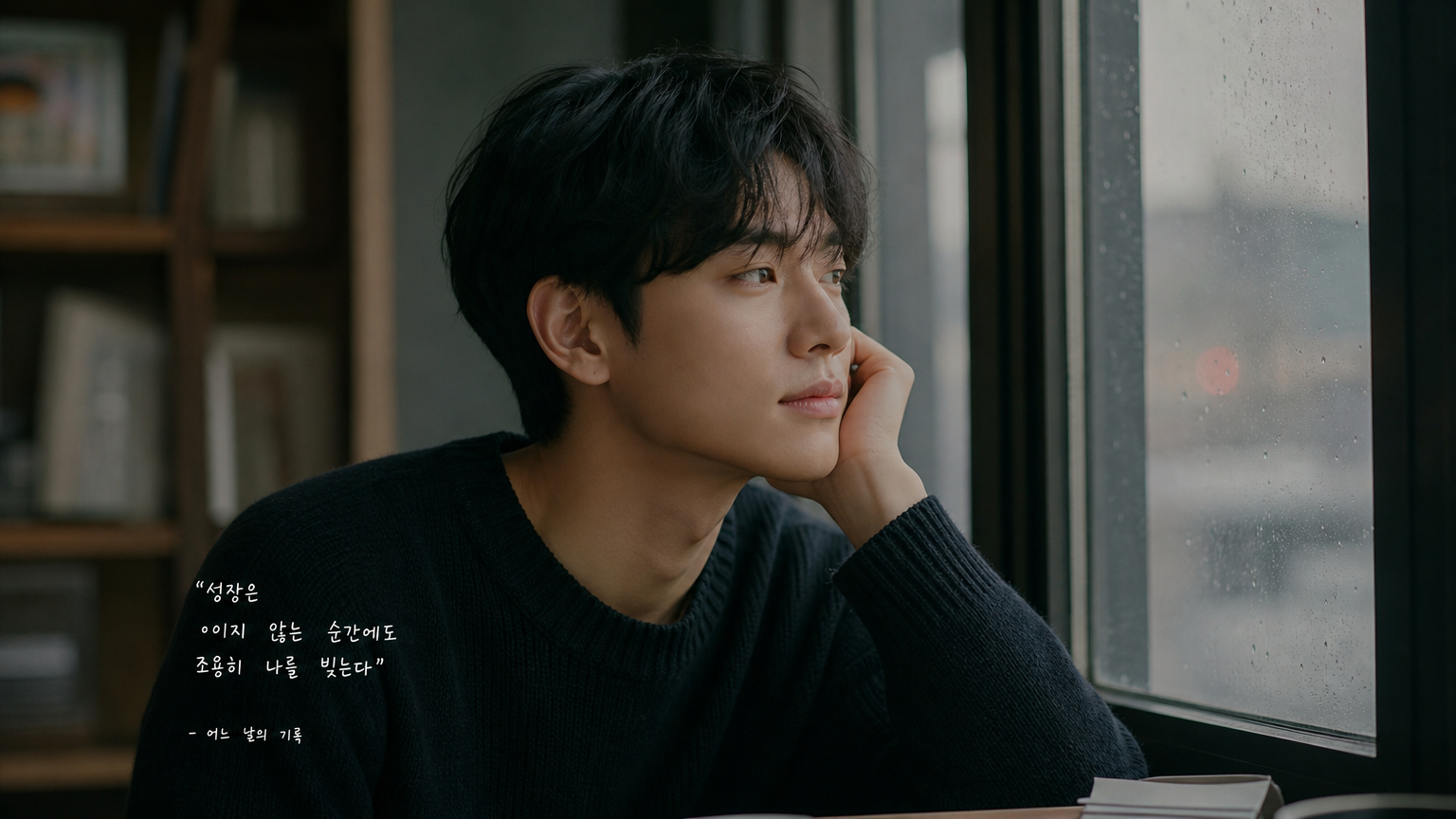 창밖을 보며 개인 성장과 예술적 가치를 되새기는 모습