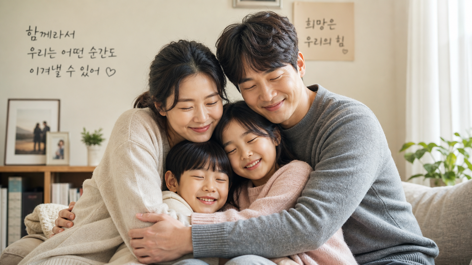 한국 가족이 서로를 포옹하며 희망과 회복을 표현하는 모습