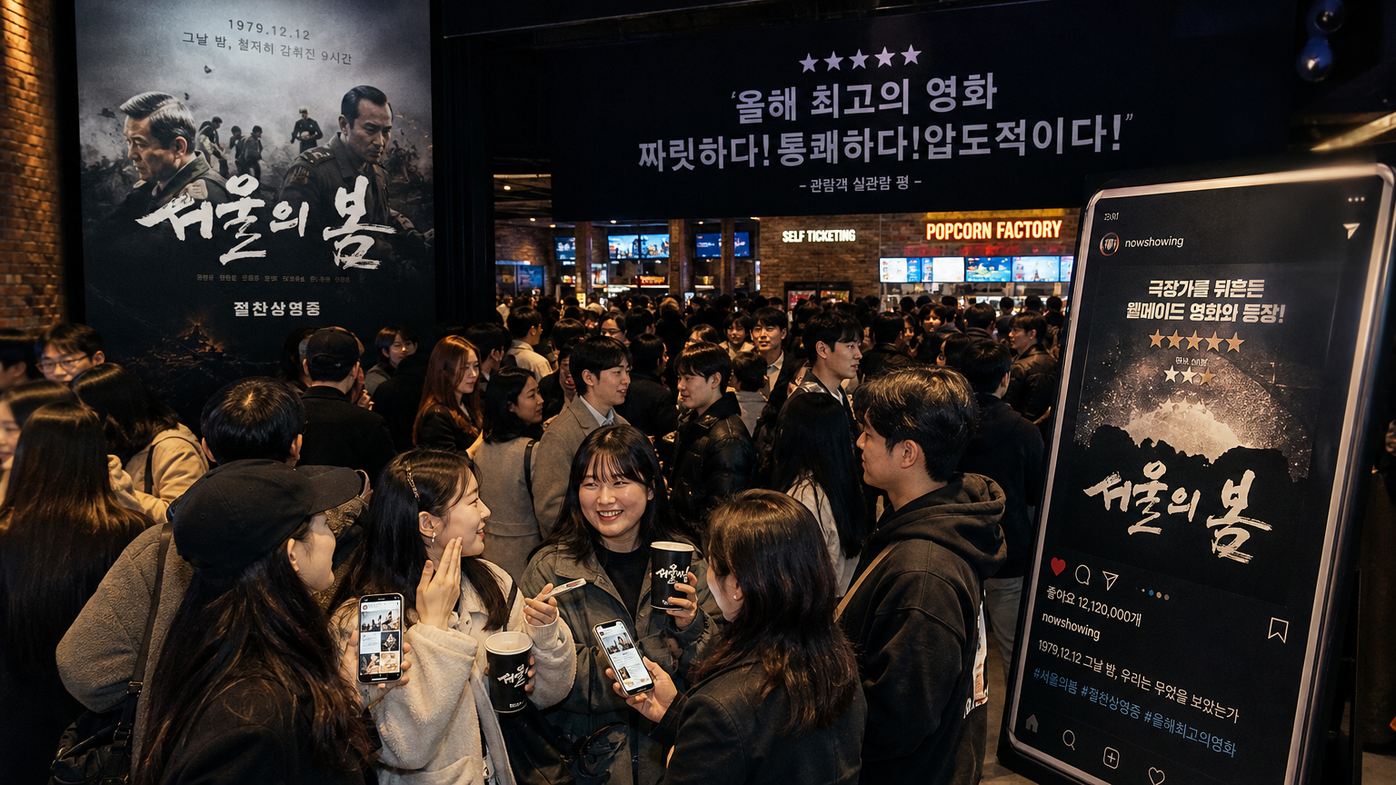 한국 영화관 로비에서 열정적으로 영화를 논하는 관객들의 활기찬 분위기