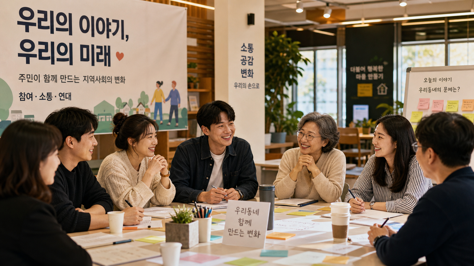시민 센터에서 다양한 한국 성인들이 모여 사회 문제를 토론하는 장면