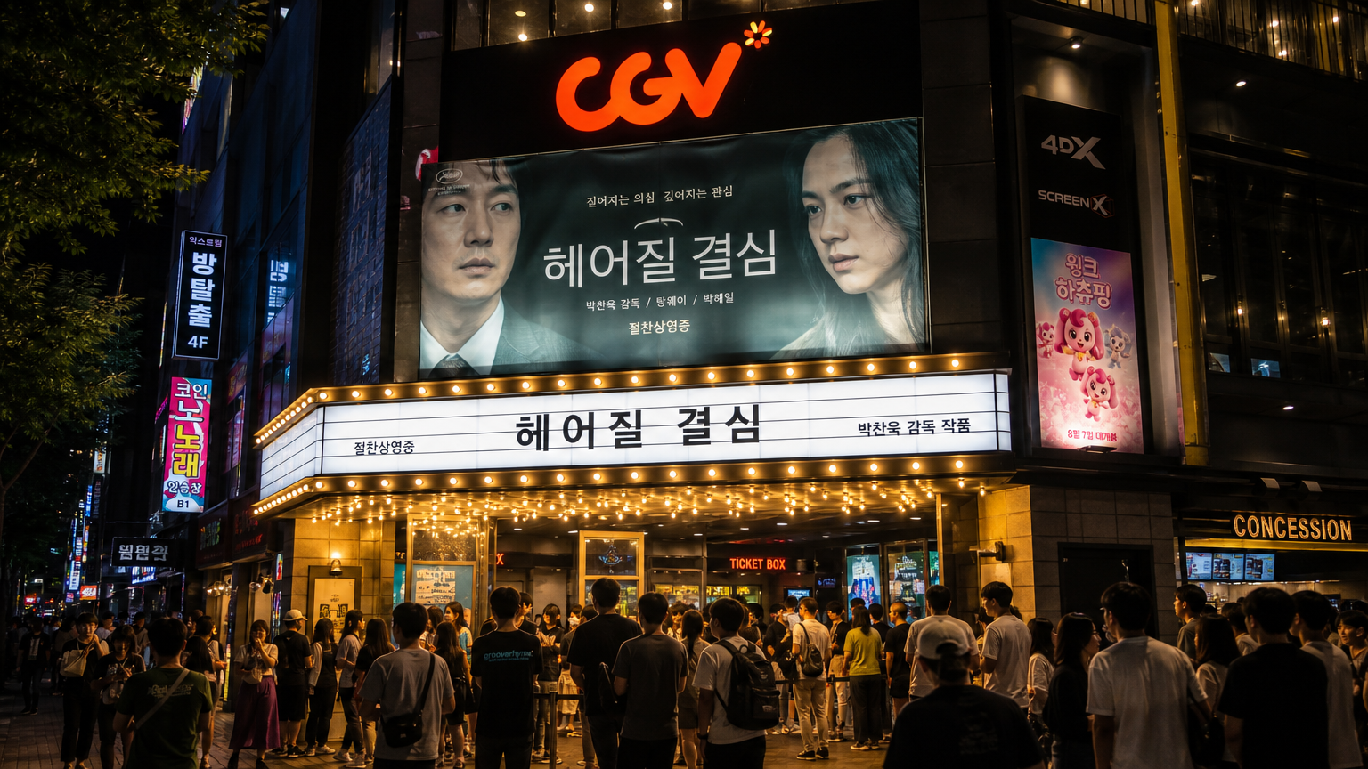 야간에 북적이는 한국 극장 외부와 조명이 켜진 간판 아래 모여 있는 군중들