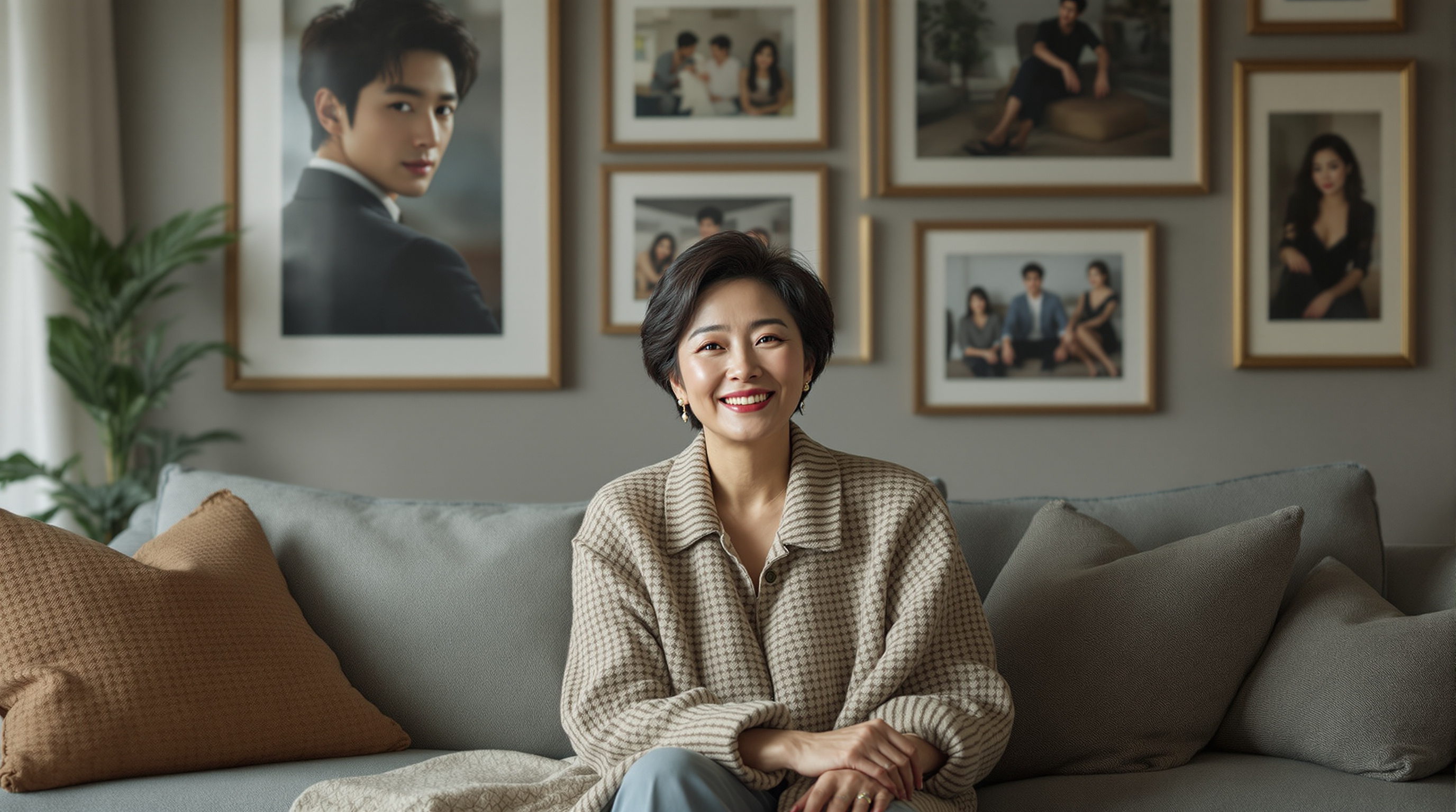 현대적 분위기의 거실에서 과거 사진들로 둘러싸인 편안하고 만족스러운 모습의 한혜숙