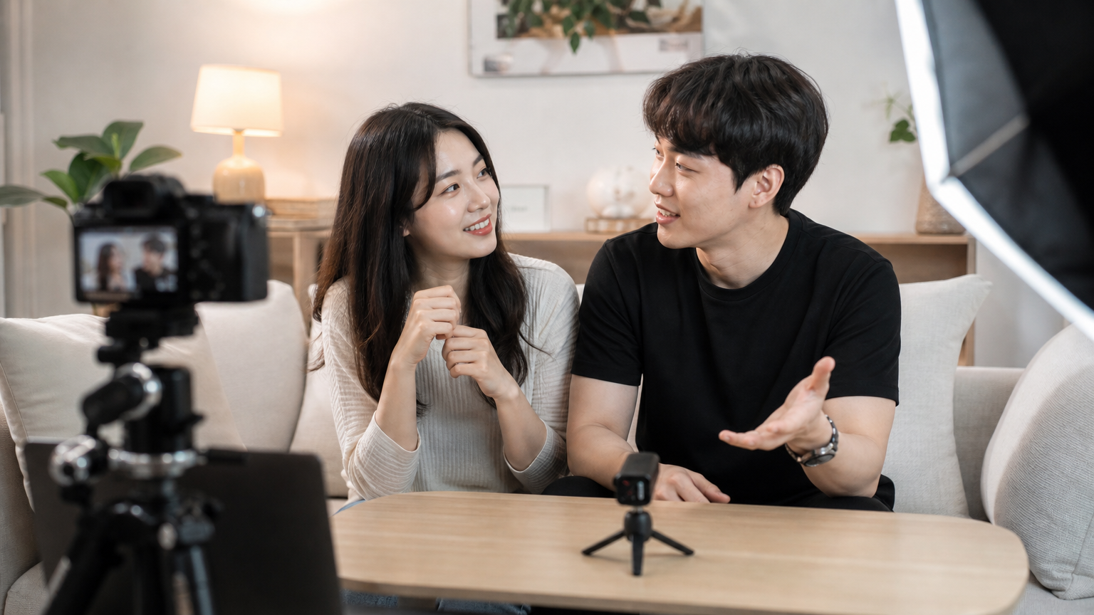 집에서 브이로그 촬영 중인 한국 부부의 모습