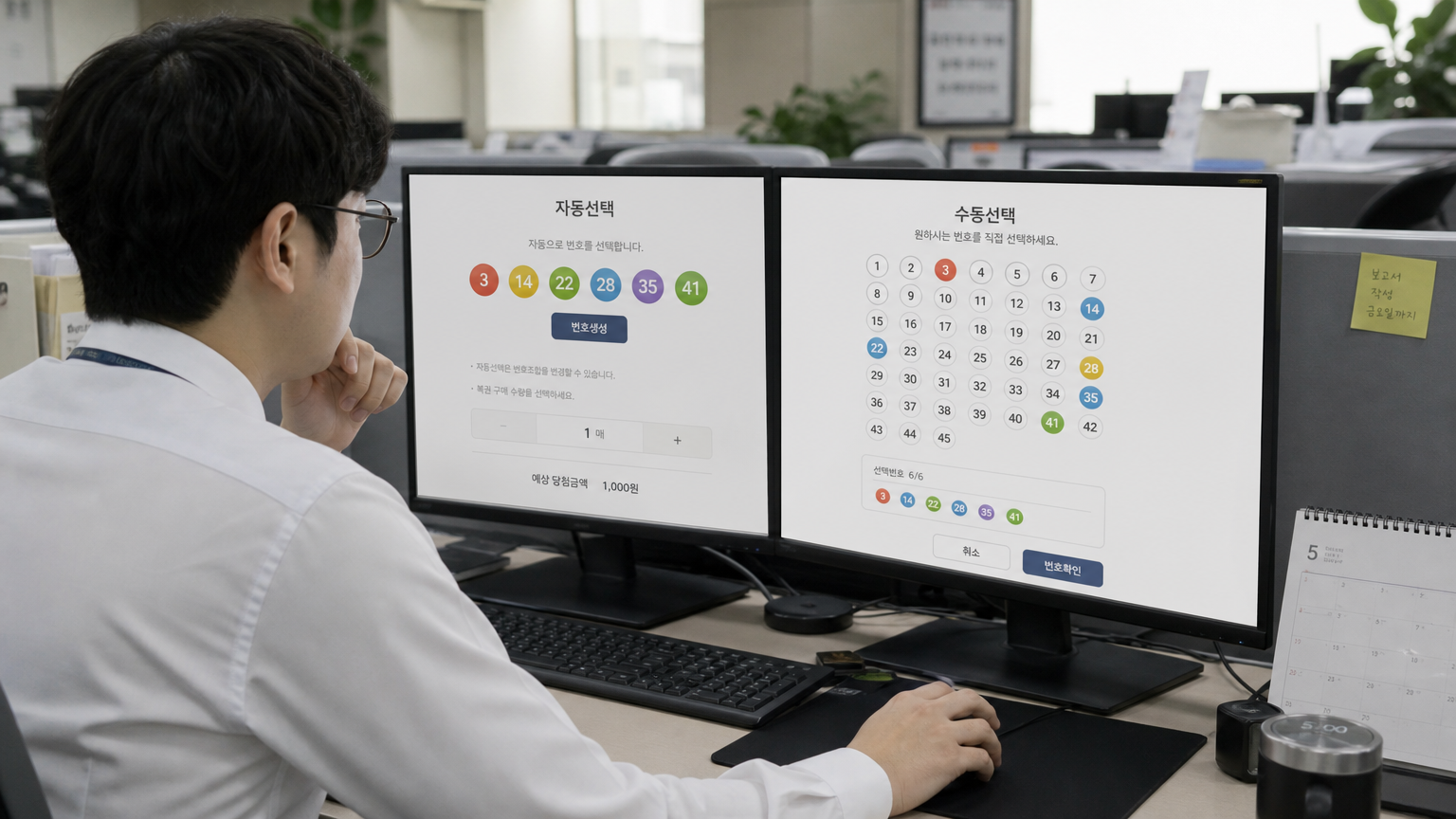 사무실에서 컴퓨터 화면을 통해 로또 번호를 선택하는 모습