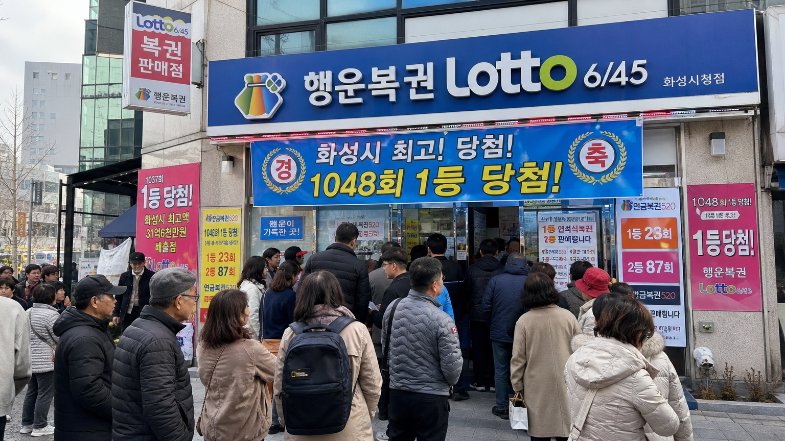 화성시에 위치한 복권 판매점 외관과 많은 사람들