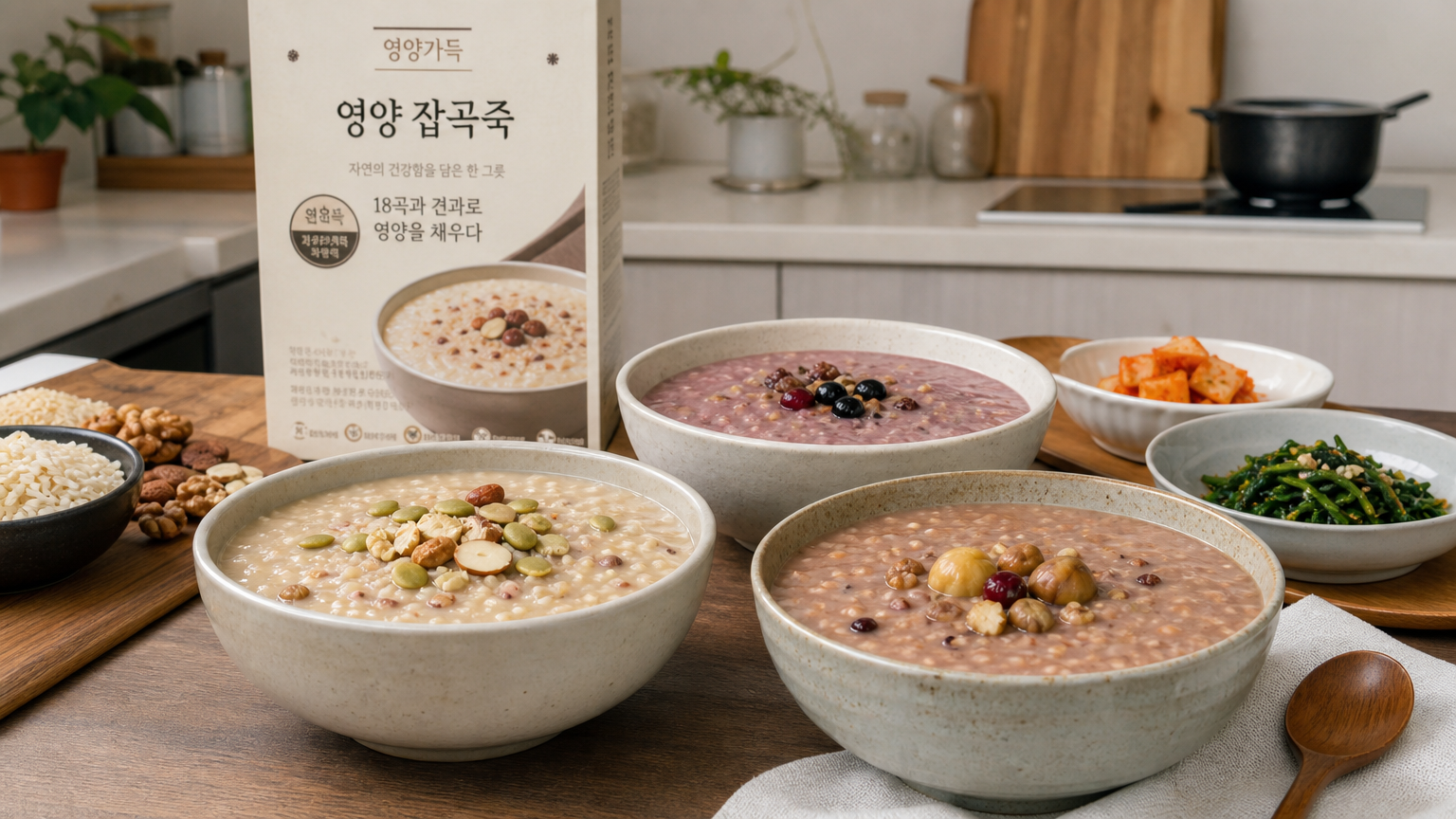다양한 곡물과 견과류로 만들어진 본죽 요리가 놓인 현대적인 한국 주방