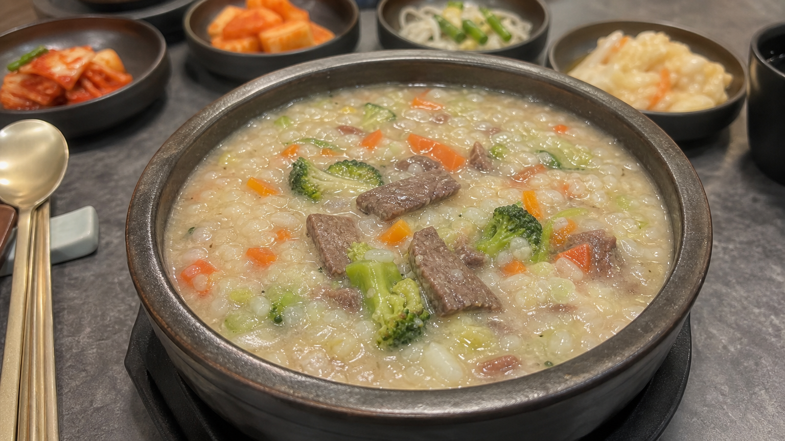 쇠고기와 당근 및 브로콜리 등 채소가 포함된 영양가 있는 쇠고기야채죽