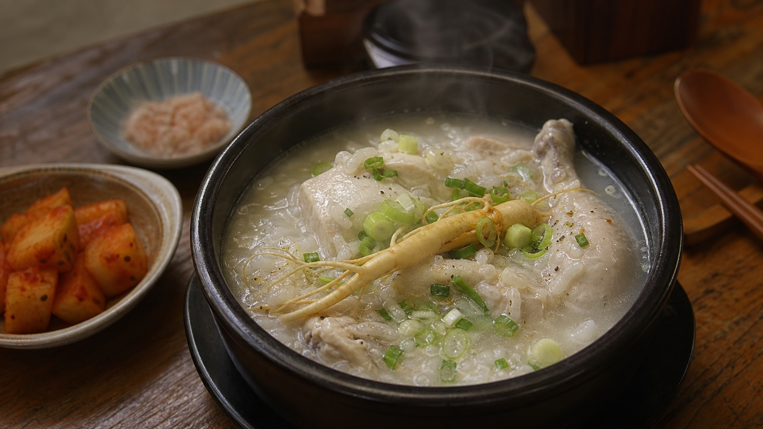 인삼 뿌리가 올려져 있는 삼계탕 죽이 놓인 아늑한 집 식탁 환경