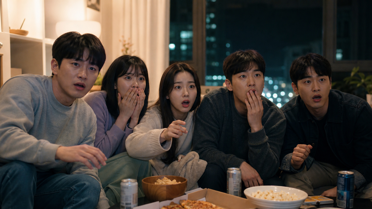 세련된 아파트 거실에서 스릴러 장면을 보고 놀란 한국 젊은 친구들의 모습