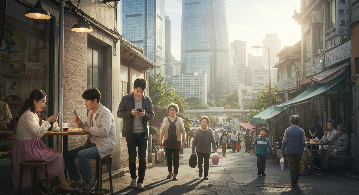 서울 도심에서 젊은이와 노인이 어우러져 활동하는 모습과 함께 도시 스카이라인 배경으로 한 인구 구조 변화 표현