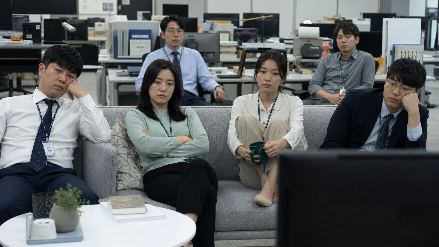 한국의 현대 사무실에서 직장인들이 TV를 보는 모습, 다소 무관심한 표정