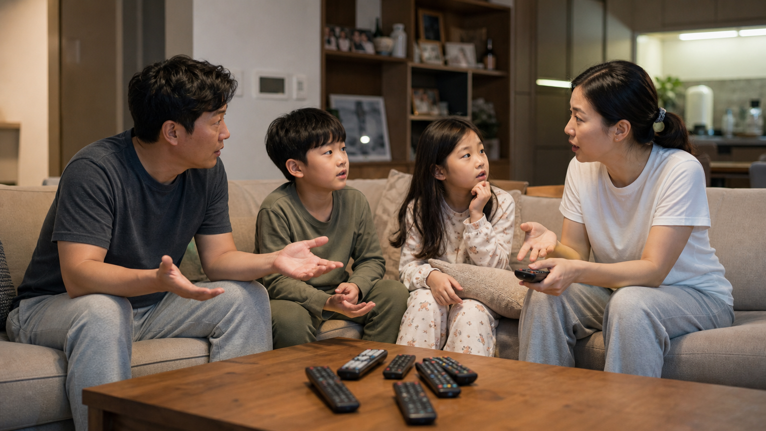 프라임 타임에 어떤 인기 TV 쇼를 볼지 토론하는 한국 가족의 거실 모습