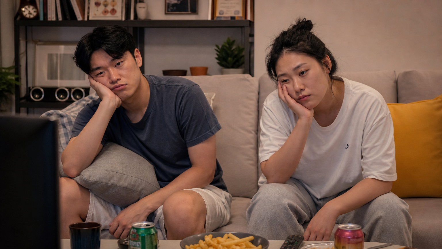 집에서 반복적인 TV 장면을 보며 지루하고 좌절감을 느끼는 한국 시청자들