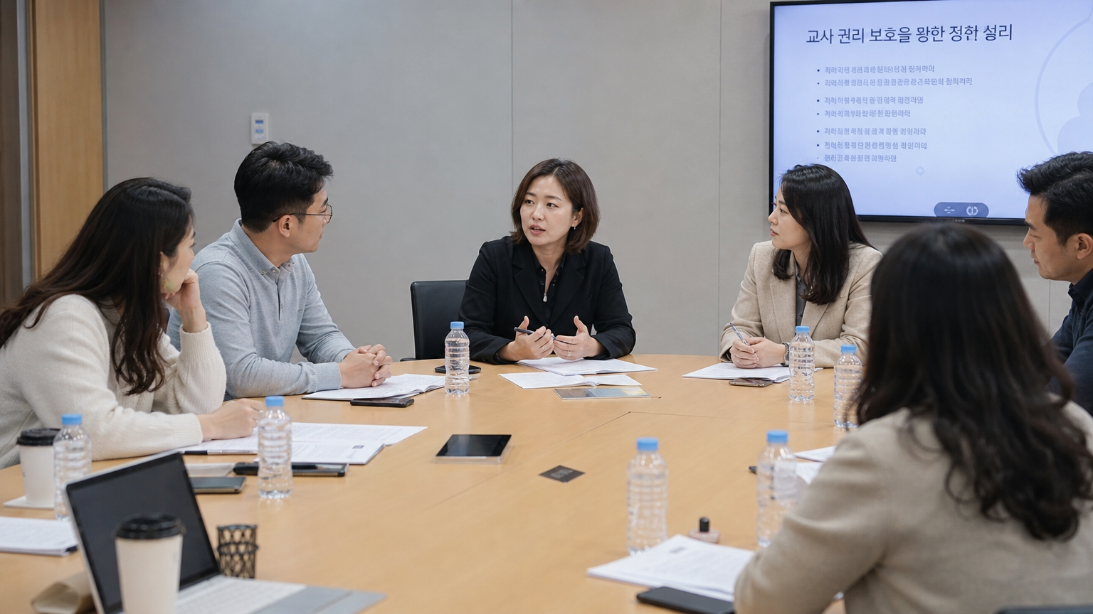 부모들이 회의실에서 더 나은 교육을 위한 교사의 권리 보호의 중요성을 논의하는 장면