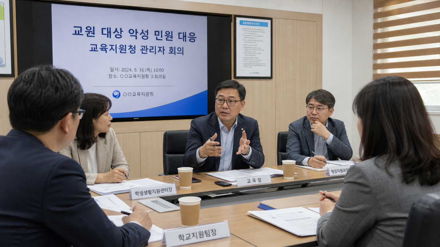 교육 행정가들이 교사를 대상으로 한 악성 민원을 처리하기 위한 전략을 논의하는 장면