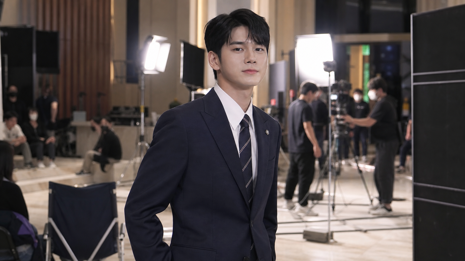 깔끔한 정장을 입고 드라마 세트장에서 자신감 있게 서 있는 배우 옹성우