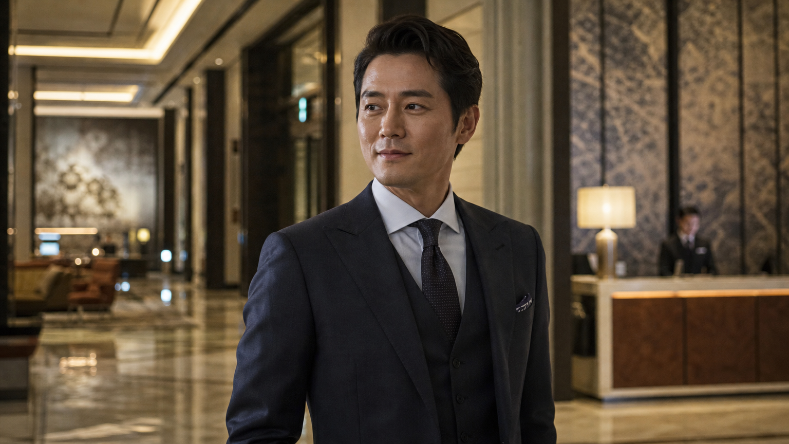 고급스러운 호텔 로비에서 매력과 숨겨진 야망을 동시에 보여주는 세련된 사업가의 모습