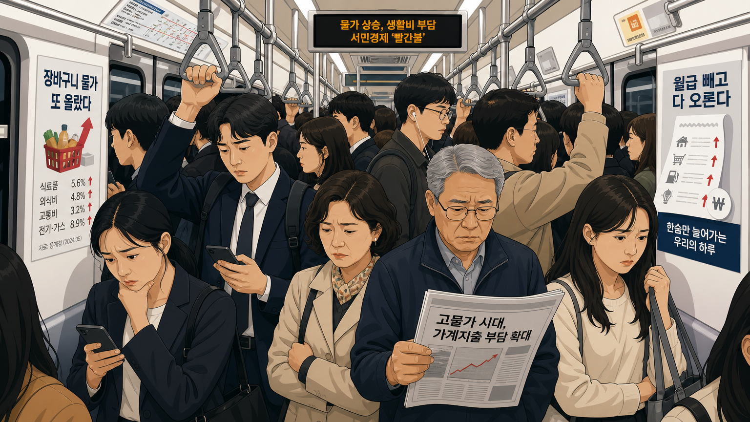 붐비는 지하철에서 현대적인 옷을 입은 다양한 연령대의 사람들이 걱정스러운 표정을 짓고 있는 모습