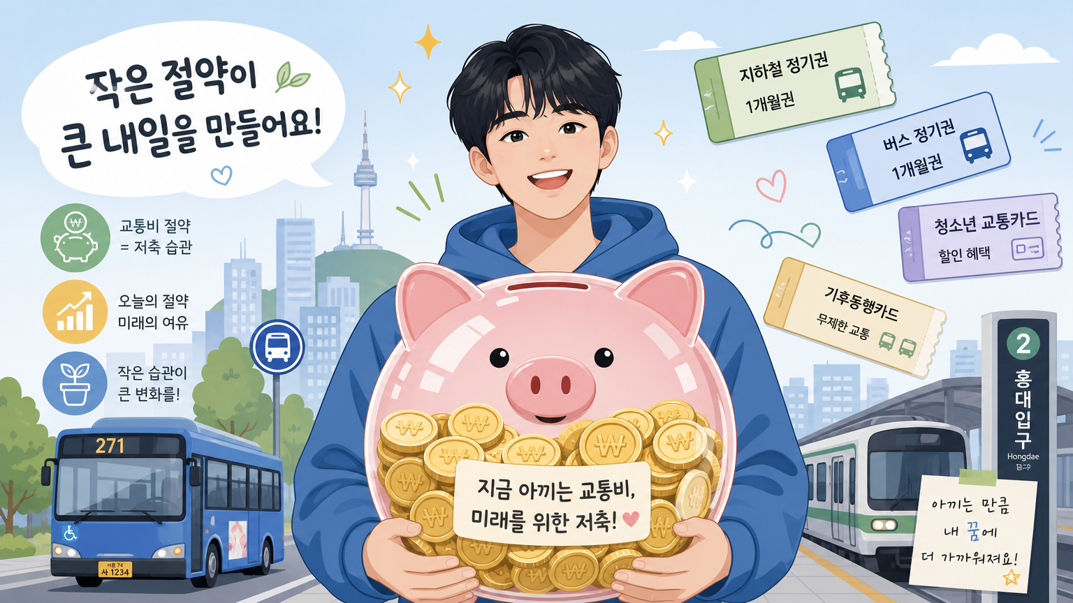 저금을 상징하는 커다란 돼지저금통과 공공 교통권이 떠다니는 모습